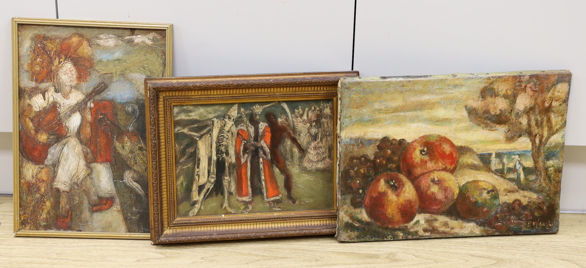 Piotr Mleczko (Polish, 1919-95), threes oil on canvas, Still life of fruit, King and attendants, and Guitarist, one signed, 29 x 39cm, 20 x 27cm and 35 x 25cm